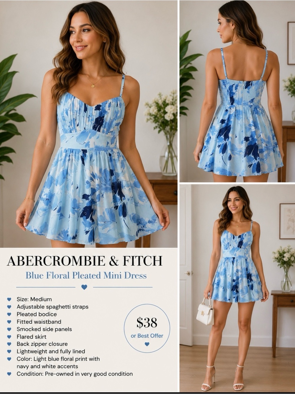 Abercrombie & Fitch Blue Floral Pleated Mini Dress Size Medium